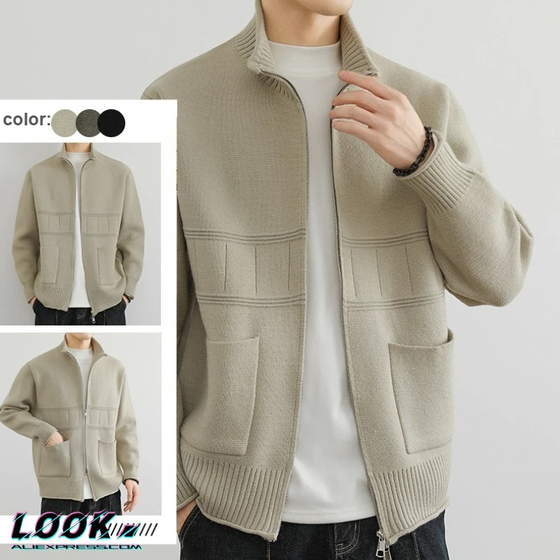 

Men's Military Green Quilted Knit Cardigan - Modern Stand Collar Zip Jacket W/ Chest Pockets | Lightweight Layering