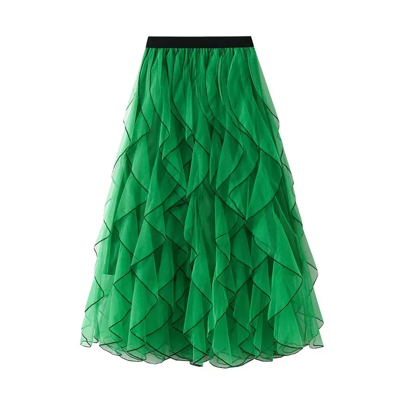 

Wave Mesh Skirts High Waist Mid Length Women Loose Fashion A-Line Skirt Daily Casual Streetwear Female Spring Summer