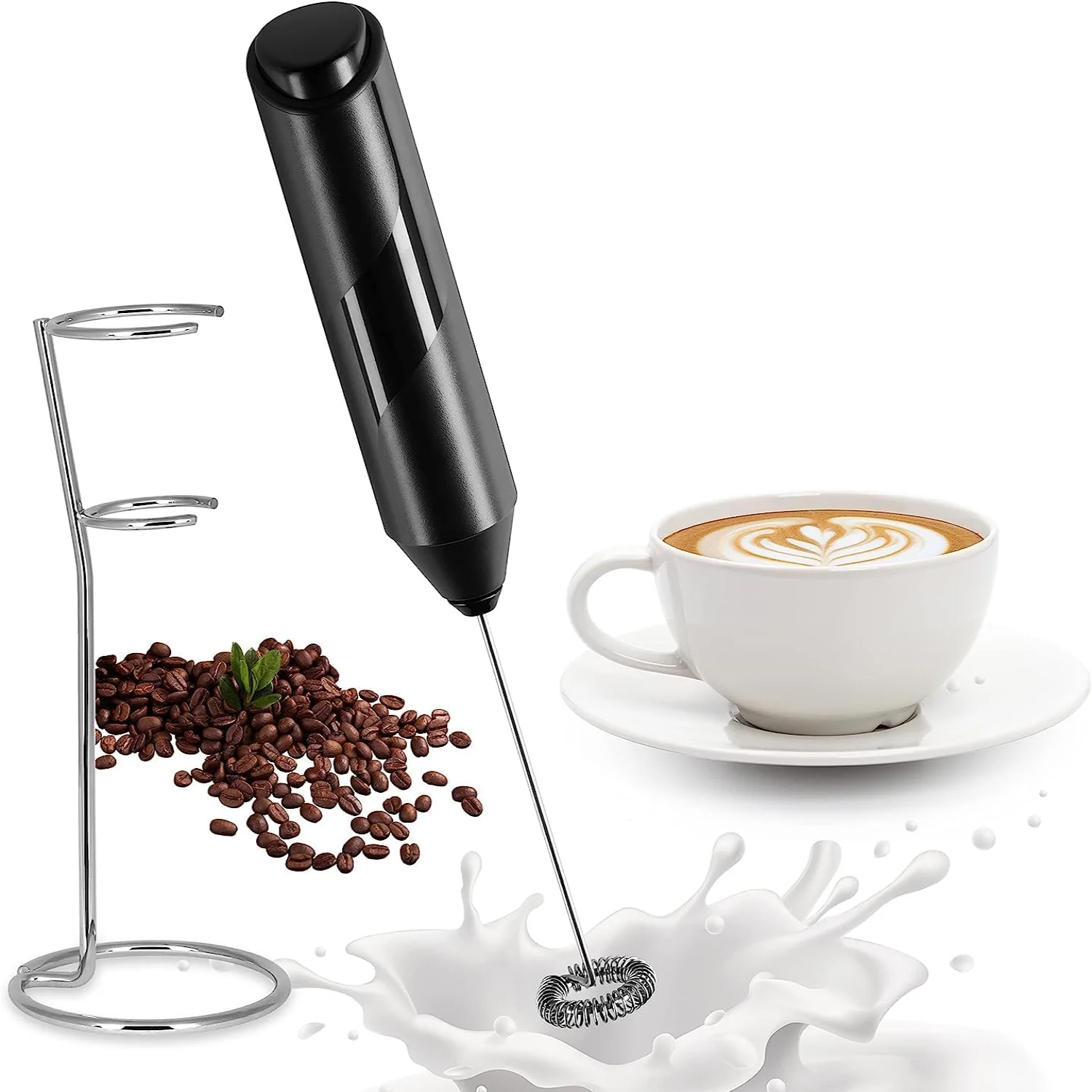 Milk Frother  with Stainless Steel Stand, Portable and Powerful Foam Maker for Coffee, Latte, Cappuccino, Hot Chocolate, Drink M