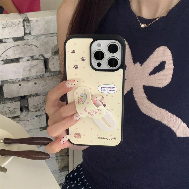 Корейский чехол для телефона с милым щенком и звездой в горошек для iPhone 16 Pro 15 14 13 Pro Max, чехол с подставкой, мультяшные жесткие чехлы Funda