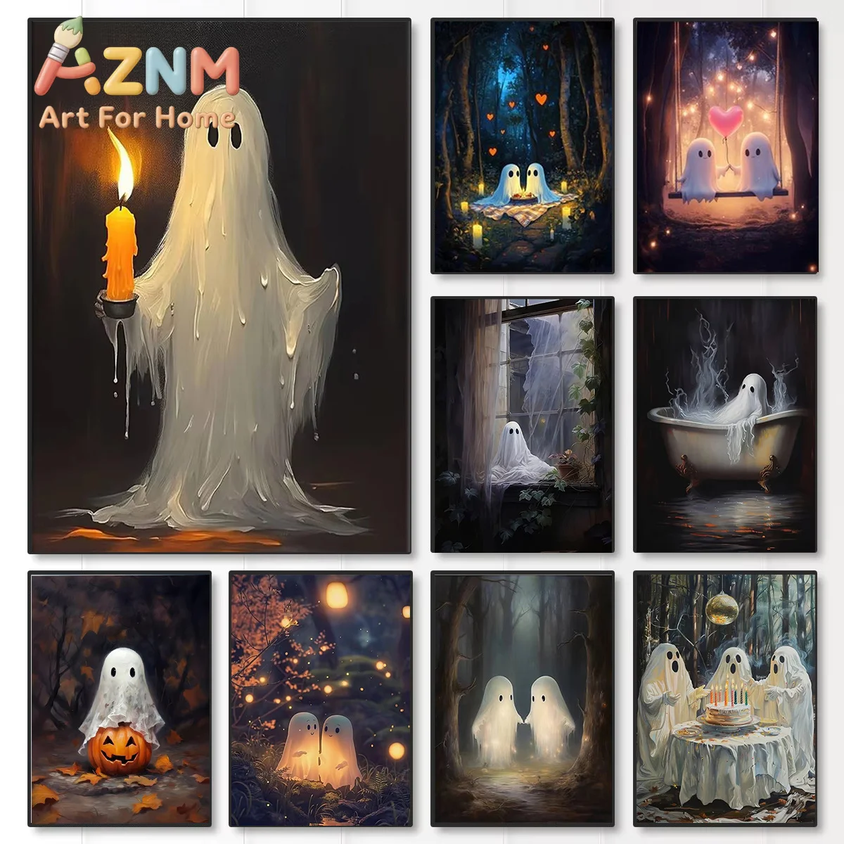 Cute Ghost Picnic Canvas Print Eternal Love Ghost Couple Halloween Wall Art Poster Modern Living Room Valentine's Day Home Decor