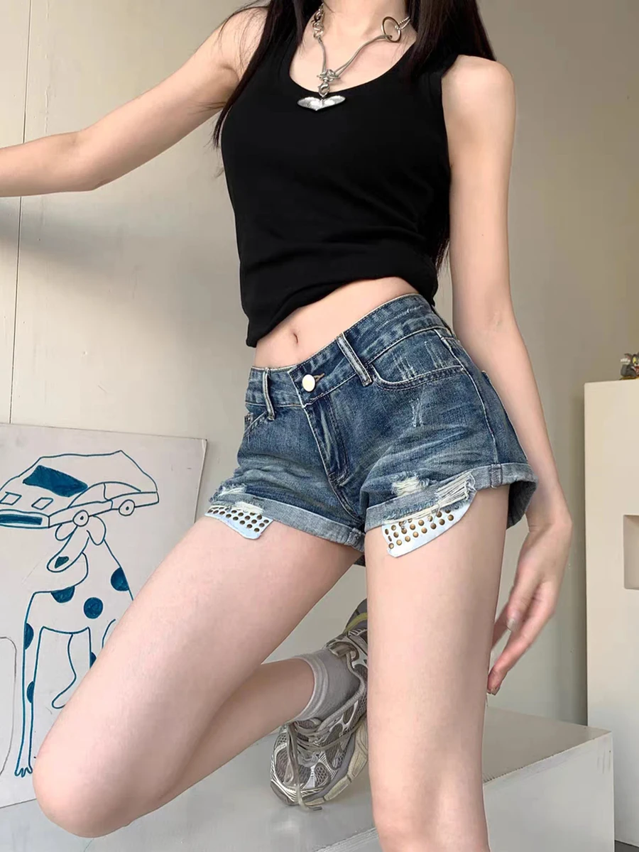 RORORIRI Vintage Rivetti Vita bassa Pantaloncini di jeans Donna Blu Lavaggio Distressed Strappato Sottile Orlo arrotolato Bootypants Grayu Y2k Streetwear