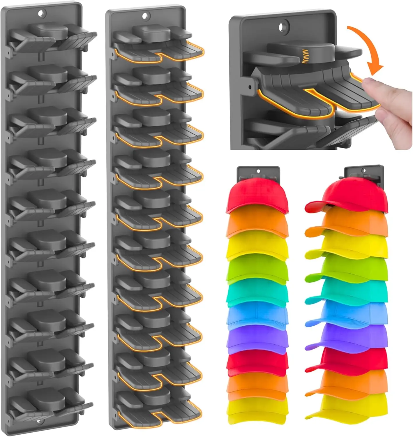 

Hat Organizer for Baseball Caps 2 Pack with Spring Clips - Wall Mount Closet Hat Rack Holder, Strong Adhesive & Screws, Matte