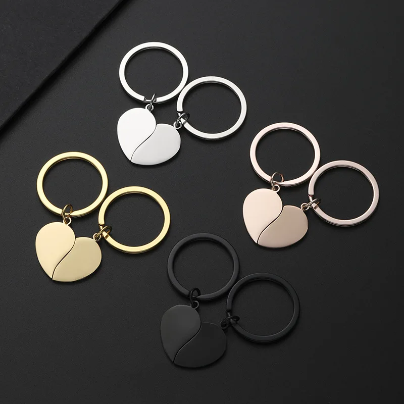 1 pair  Couple Heart Matched Stainless Steel Keychain Custom  Lover Keyring Key Chain Ring DIY Gift Wholesale