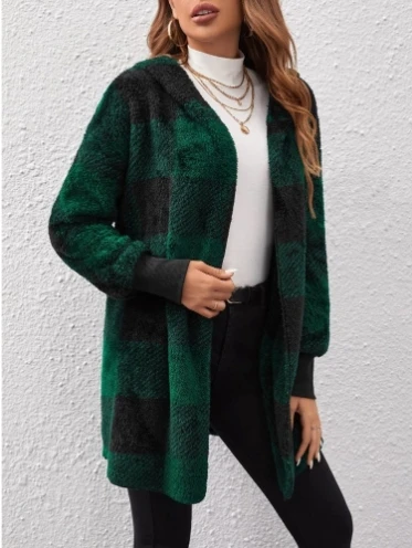 Winter Coats Woman 2024 Vintage Loose Plaid Woolen Cardigan Jacket Hooded Sweatshirt Casual Medium To Long Plush Cardigan Jacket