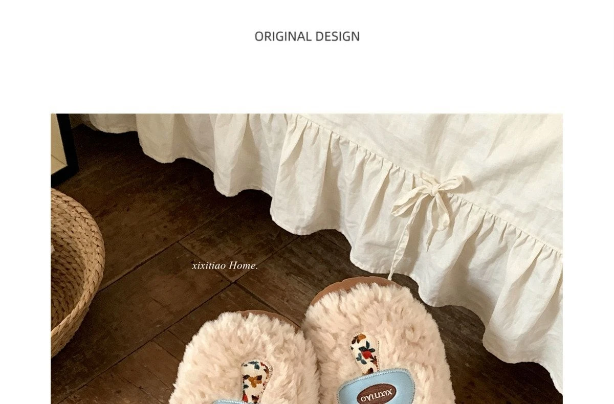 Designer-Hausschuhe mit Blumenmuster, flauschige Damen-Pilz-Hausschuhe, kreative Indoor-Schuhe, klobige flache flauschige Slides für Damen – Detail 8