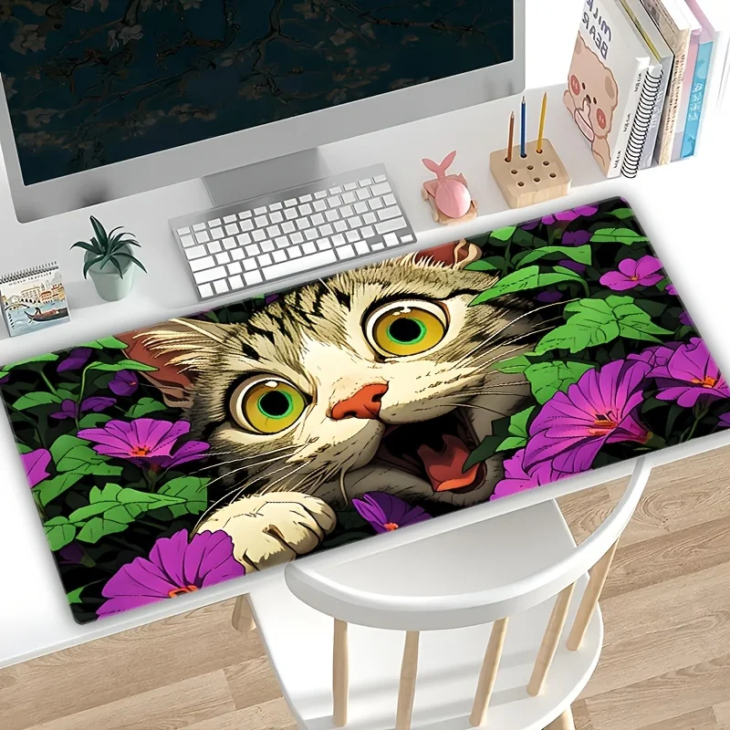 

Большой игровой коврик для мыши с изображением шокированной кошки в цвете фиолетовой ипомеи, нескользящий резиновый коврик для стола для офиса и дома
