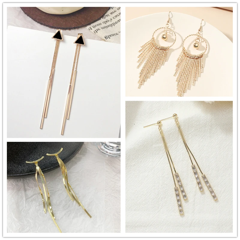 New Crystal Hanging Earrings for Women Korean Fashion Tassel Earrings Gold Color Metal Thread Dangle Earrings for Female