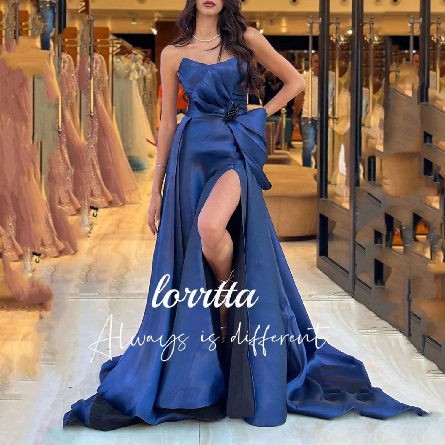 

Lorrtta Strapless Blue High Slit Bow Tie Beads Sexy Prom Dress Organza فستان سهرة نسائي Vestidos Para Eventos Especiales Mujer