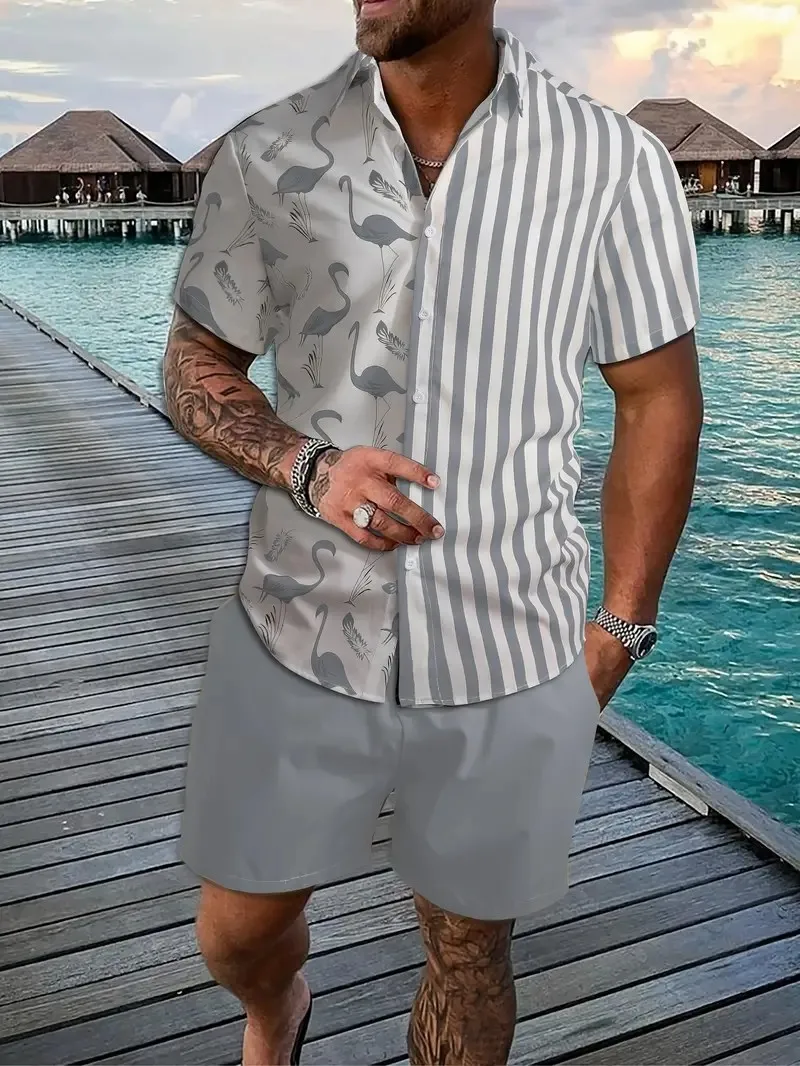 Hot Sale Summer Men\'s Lapel Shirt Shorts Set Flamingo Printing Quick-drying Fabric Casual Loose Fit Plus Size Holiday Beach Set