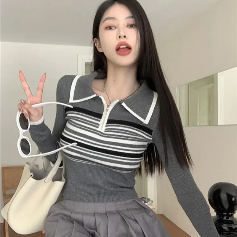 Knit Polo Neck Shirt Pink Crop Top Women's T Shirts Long Sleeve Striped Clothes Grey High Quality Sale Youth Luxury V Trend Cute