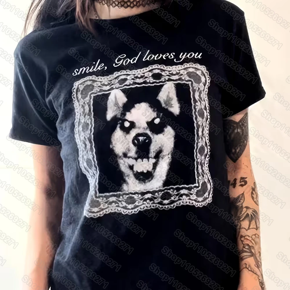 Evil Smile Bad Dog Short Sleeve Print T-Shirt with Dark Lace Border Subculture Unisex Street Y2K Casual Fashion Tops Clothing