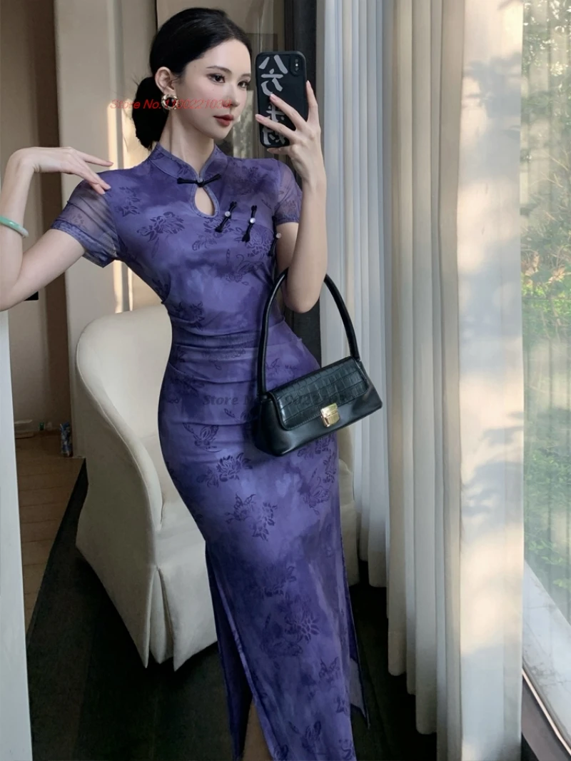 

2025 китайский улучшенный Cheongsam, сексуальное сетчатое Ципао, национальное платье Ципао с цветочным принтом, традиционное вечернее банкетное платье для ночного клуба