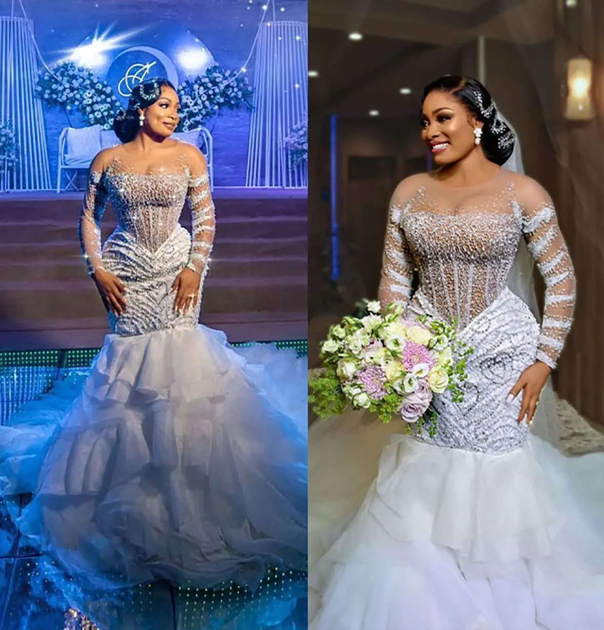 Plus Size Mermaid Pearls Wedding Dresses Bridal Gowns Sheer Neck Long Sleeve Beads Custom Made Tiered Ruffles Vestido