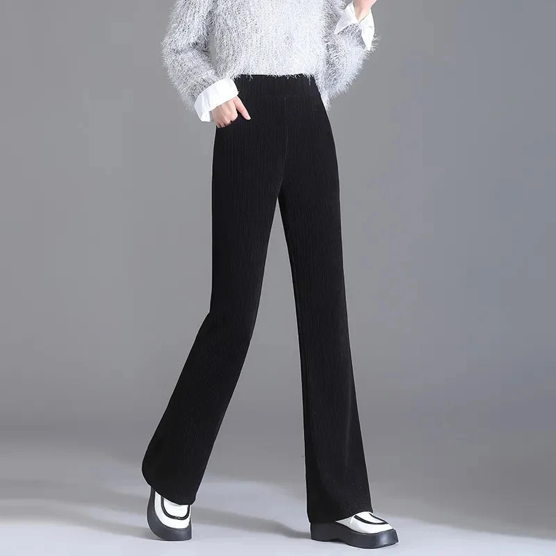 

2023Woman Corduroy Wide Leg Casual Straight Micro Flared Pants Mother Lamb Fluff Trousers High Waist Thicke Warm Cozy Sweatpants