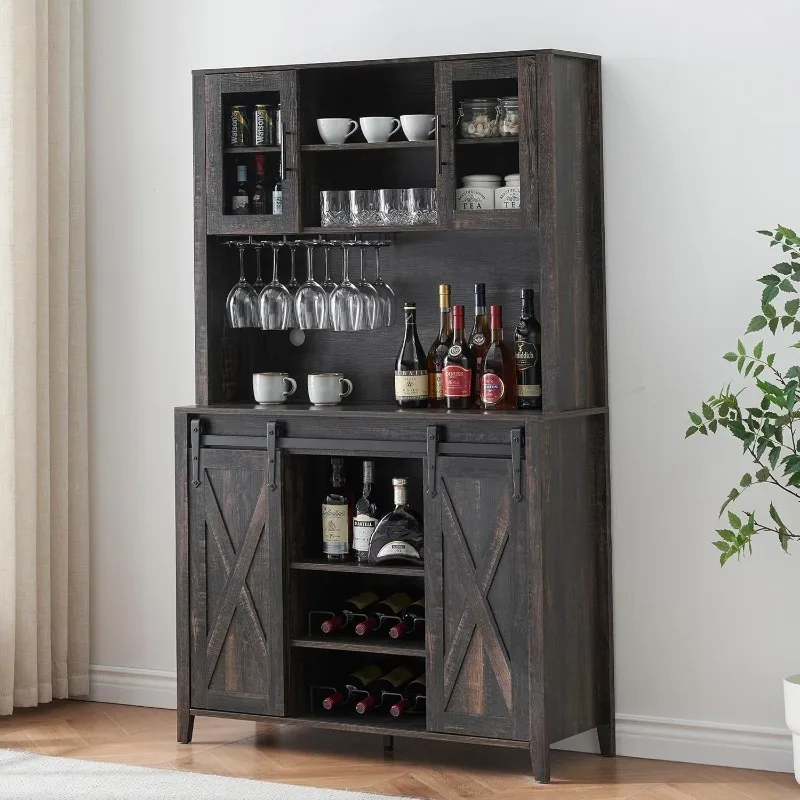 

Farmhouse Coffee Bar Cabinet with Sliding Barn Door Liquor Cabinet with Wine and Glasses Rack Sideboard Cupboard Oak