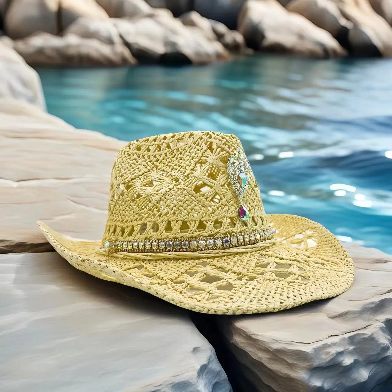 HongLuan Beach Yellow Cowboy Straw Hat Man for Cowboy Hat Party ,Cowboy Accessories & Cowgirl Hats for Ladies Adults Woman
