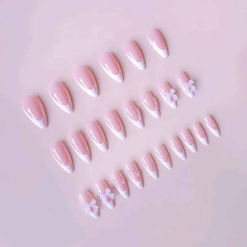 24pcs Medium Short Almond Acrylic Bowknot White Press on Nails White Pearl Sweet French False Nails Tips Cute Cheap Nail Korean