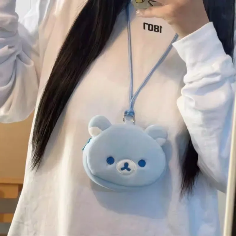 2025 Cute Rilakkuma Plush Coin Wallet Cartoon Blue Tear Bear Mini Hanging Bag Portable Lipstick Jewelry Headphone Storage Bag