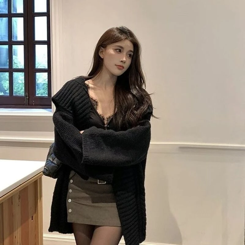 Black Women's Cardigans Aesthetic Cheap Clothes Light Wear To Work Fall 2025 Long Sleeve Trend Y2k Ladies Knit Sweaters Lapel