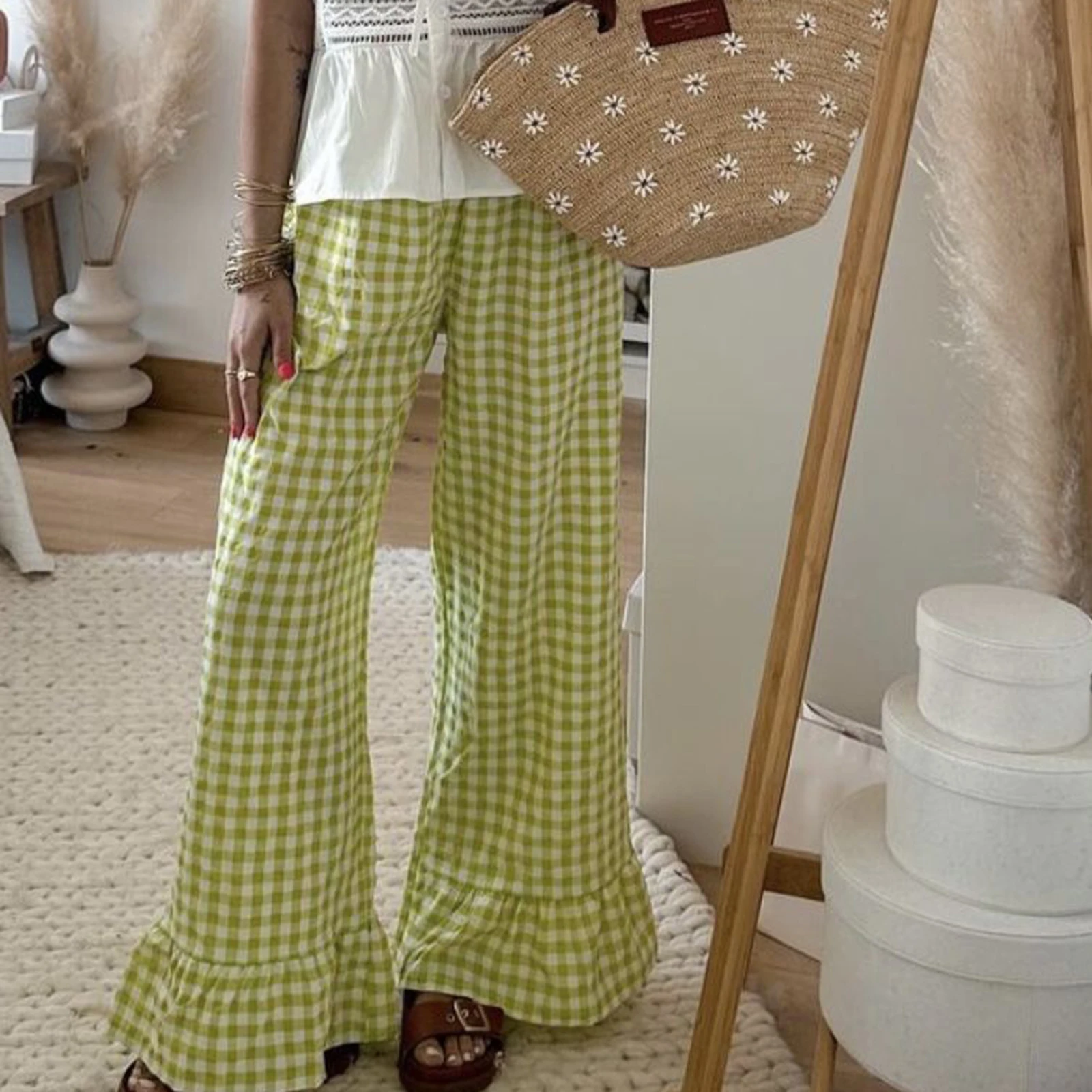 Womens Y2k Plaid Print Pants Gingham Ruffled Hem Elastic Waistband Wide Leg Loose Casual Pajama Trousers Streetweart