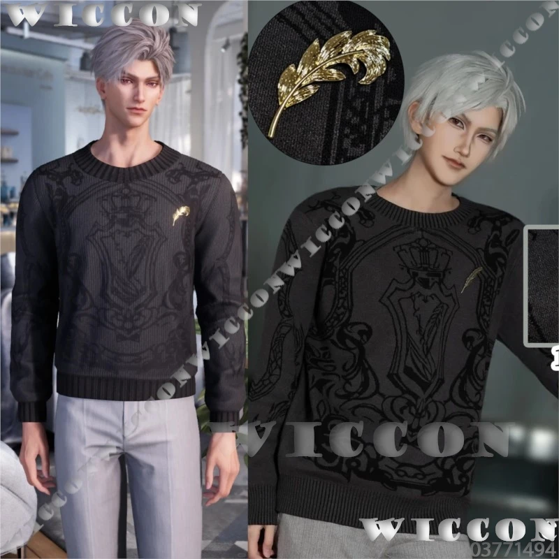 

Sylus Love And Deepspace Game Cosplay Black Sweater Shirt Golden Feather Brooch Man Daily Clothes Halloween Outfit Customized