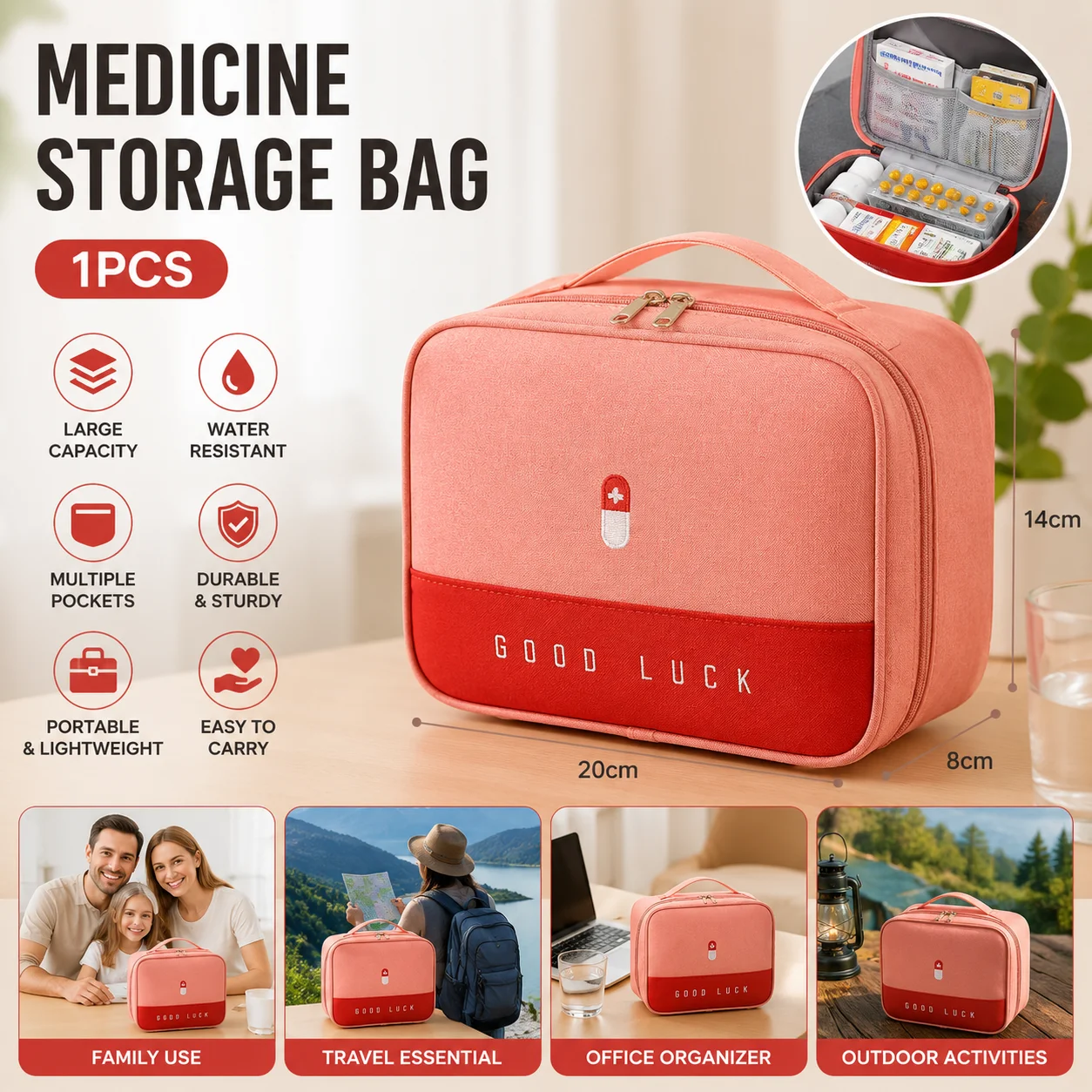 Portable Medicine Organizer Bag Multi Pocket Travel First Aid Storage Case Cosmetic Makeup Bag