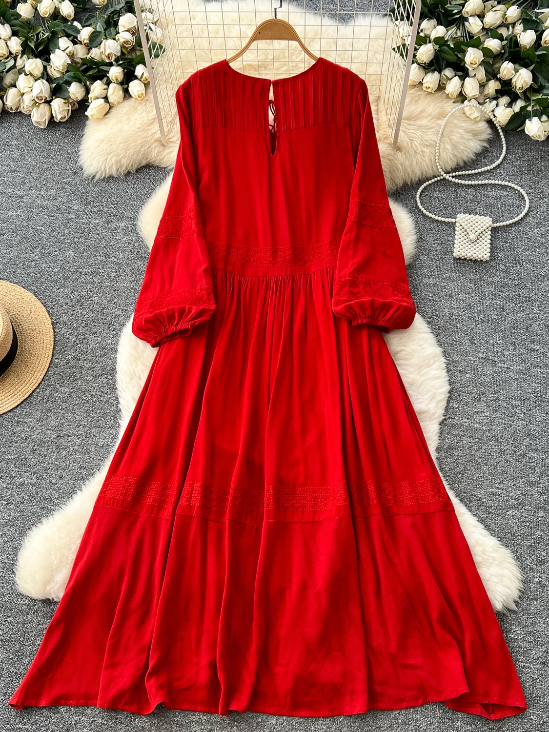 우아한 자수 루즈핏 랜턴 소매 라운드 넥 드레스 여성용 가을 롱 가운 프렌치 스타일 하이 웨이스트 A라인 스커트