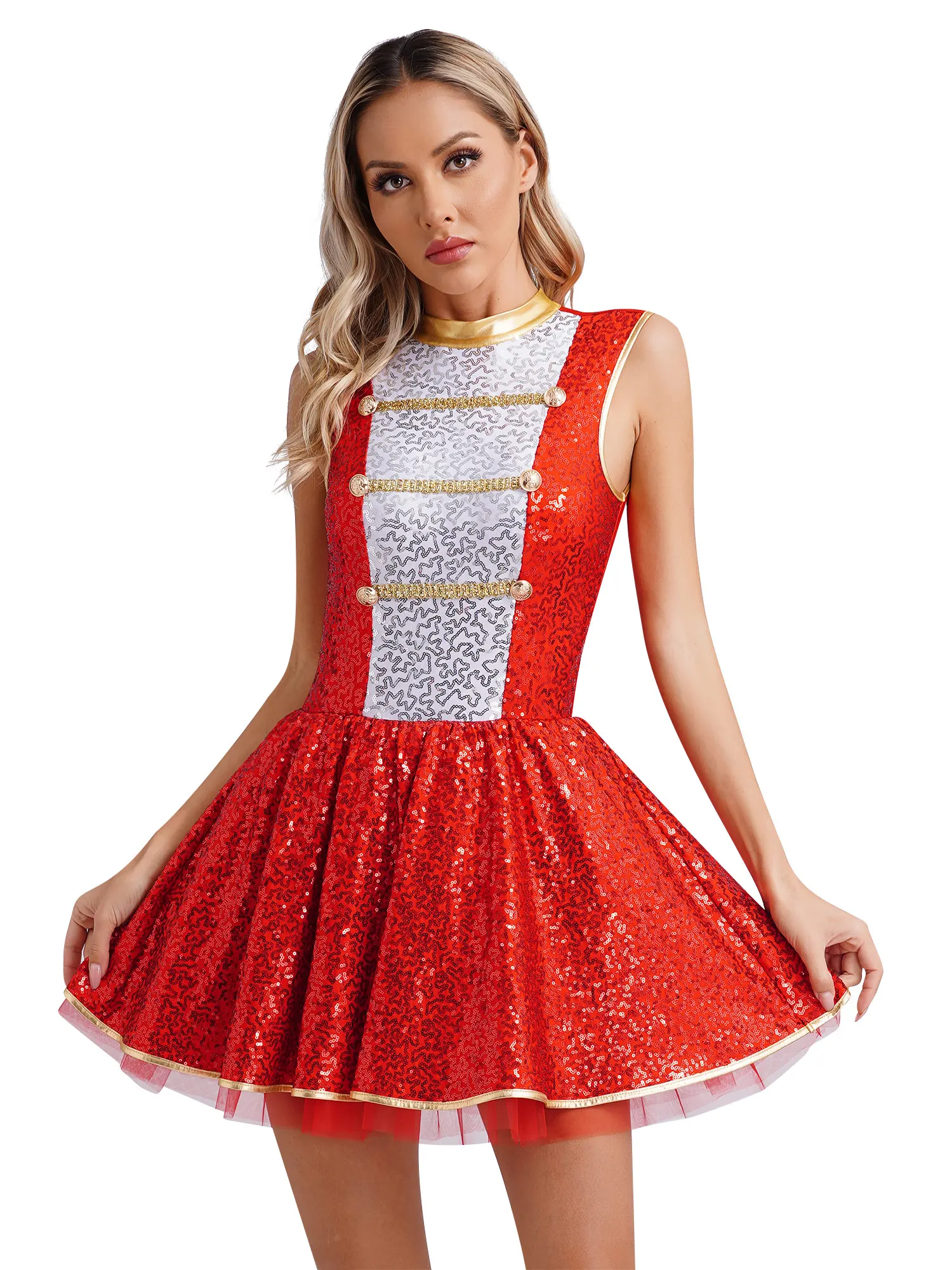 Womens Halloween Circus Ringmaster Costumes Shiny Sequins Dress Sleeveless Back Cutout Tutu Dress Clown Cosplay Dress Up