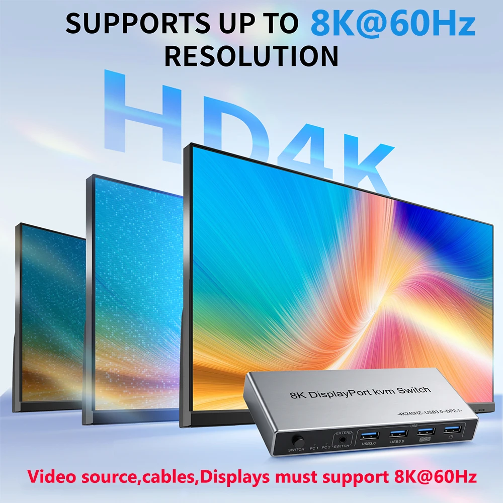 8K Displayport KVM Switch 4K@144hz 2-port USB KVM 8K Displayport 1.4 Switch KVM Dp switch mouse&keyboad supported