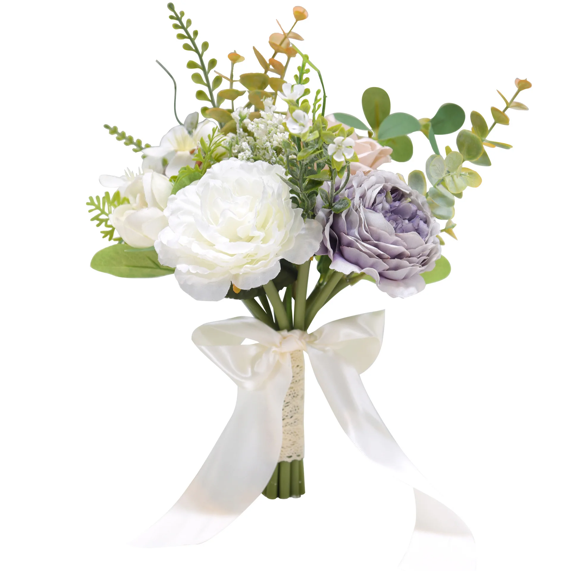 

White Bridesmaid Holding Artificial Mini Bridal Flower Wedding Bouquet For Bride