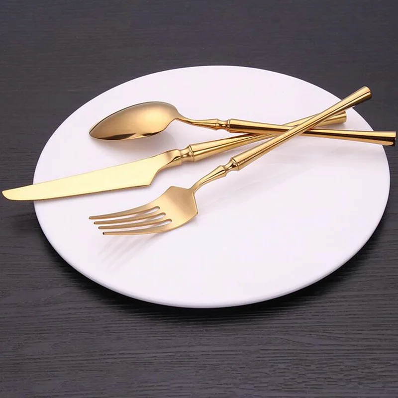 KuBac Hommi 30Pcs Shiny Dinnerware Set 18/10 Stainless Steel Mirror Gold Cutlery Set Golden Color Drop Ship