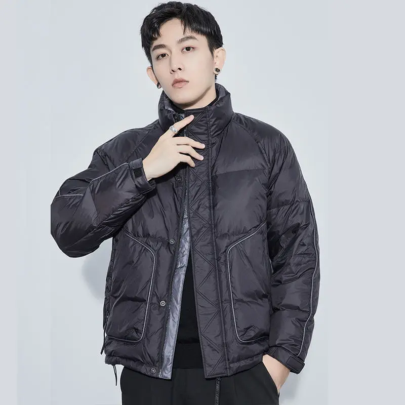 Men Short Lightweight Down Jacket Winter Warm Down Coat Korean Loose White Duck Down Big Pockets Zipper Long Sleeve Outerwear