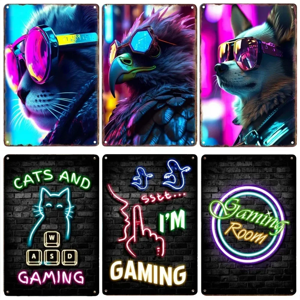 Funny Neon Cats Gaming Metal Tin Sign Plaque Gaming Zone Retro Decorative Plates For Club Man Cave Bar Pub Hotel Cafe Wall Decor