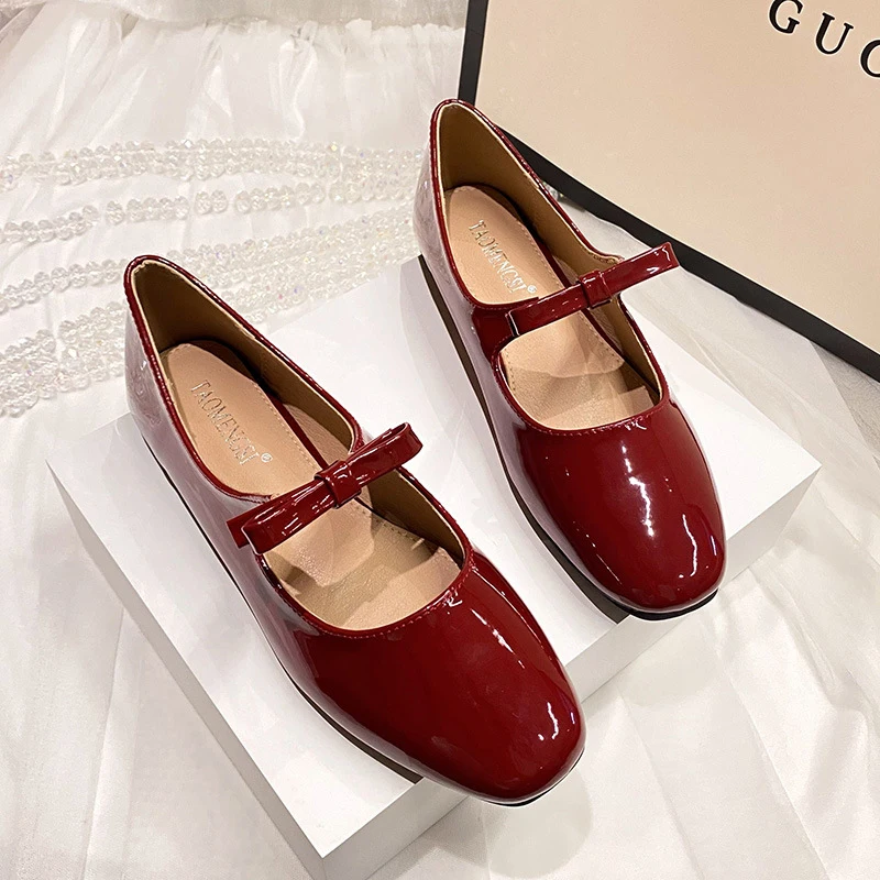 Mary Jane Ballet Flats Spring Autumn Women\'s Shoes Casual Bowtie Square Toe Female Red Ballets Party Bridal Wedding Single Shoes