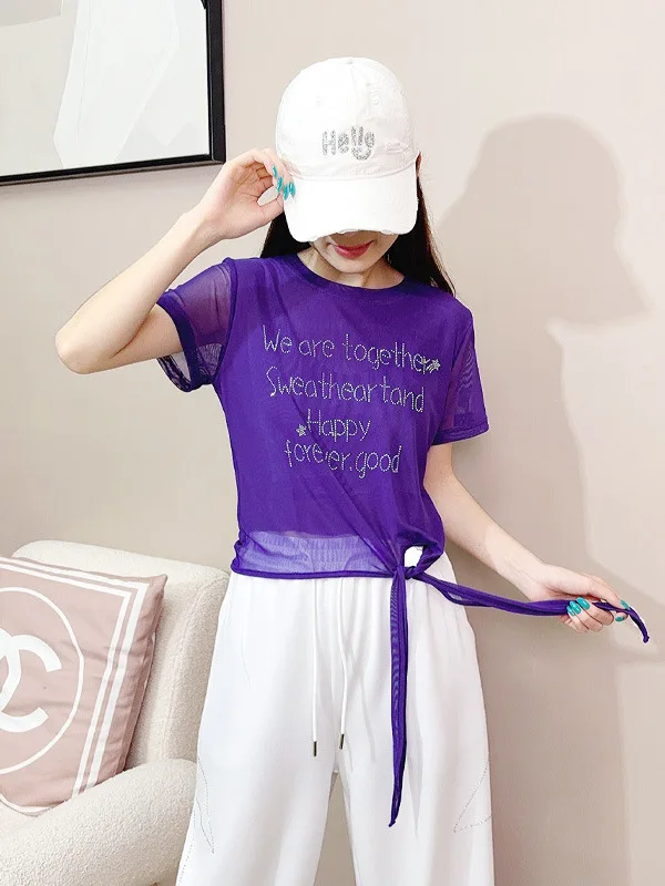 スクエアダンス半袖tシャツ女性の夏の新しいスタイルウエストシンチメッシュスパークリングダイヤモンドフィットネススポーツウェアトップ