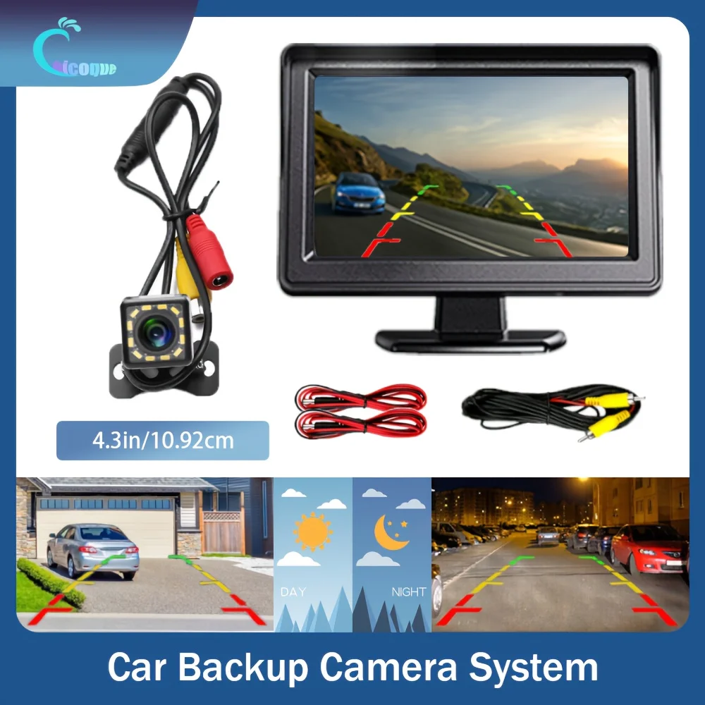 A 4.3-Inch Display Kit and Backup Camera with 12 LED Lights. This Kit Provides A Night Vision Parking System for Cars, SUVs, RVs