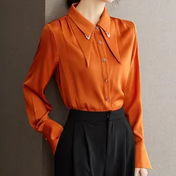 Women's Shirts Unique and Elegant Pearl Doll Collar Commuting Style 2024 Autumn Fashion Long Sleeve Solid Shirt Womens Tops A602