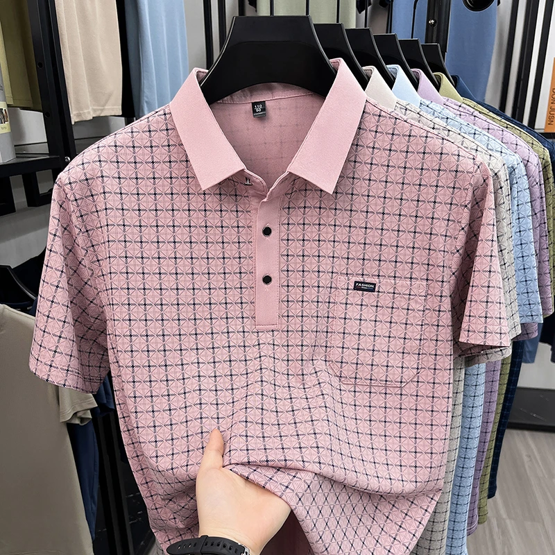 Herren Kurzarm-Poloshirts mit Diamant-Jacquardmuster, klassische Passform, lässige Oberteile, weiche, bequeme, modische Hemden für Männer – Detail 12