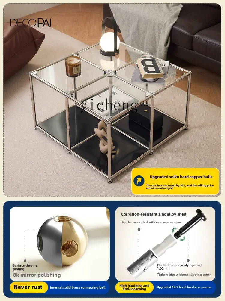 ZC glass coffee table living room home creative cart medieval stainless steel movable sofa side table