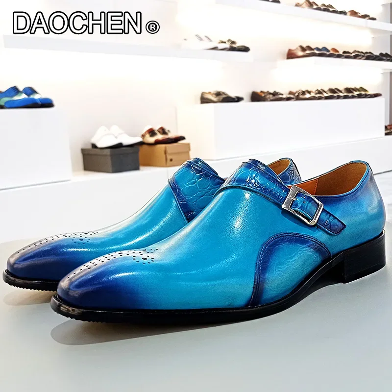 LUXURY BRAND MEN GENUINE LEATHER SHOES BLUE BUCKLE STRAP LOAFERS CASUAL DRESS MEN SHOES WEDDING PARTY MONK SHOES FOR MEN