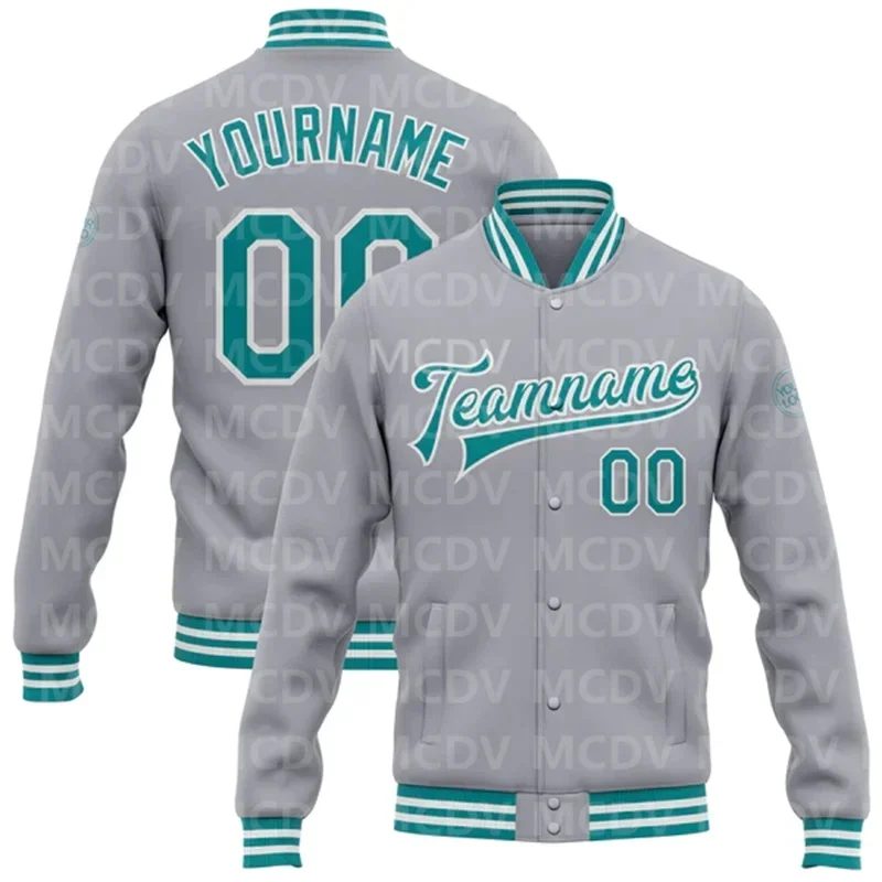 

Custom Gray Teal-White Bomber Full-Snap Varsity Letterman Jacket Baseball Button Jacket