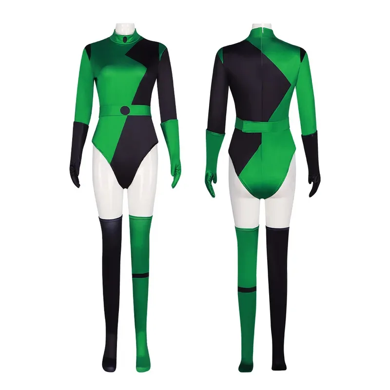 سوبر الشرير Shego تأثيري حلي الكبار الإناث ارتداءها Zentai الدعاوى امرأة الفتيات هالوين مثير بذلة مجموعة #4
