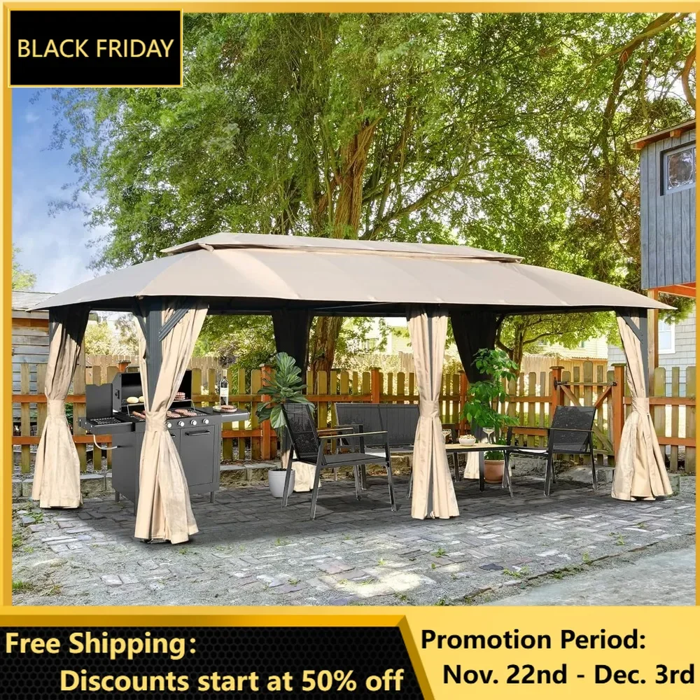 

Gazebo 10x20FT, Outdoor Gazebo with Double Roofs, Privacy Curtains, Mosquito Nettings, Heavy Duty Metal Frame Party Tent Canopy