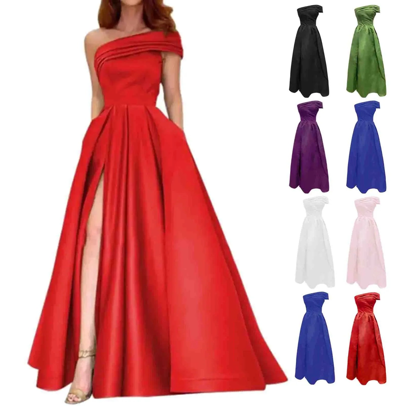 Women's Formal Dresses Foreign Trade One Shoulder Satin Dress Evening Dress Birthday Party Tutu Skirt Green High Slit Sexy Dress