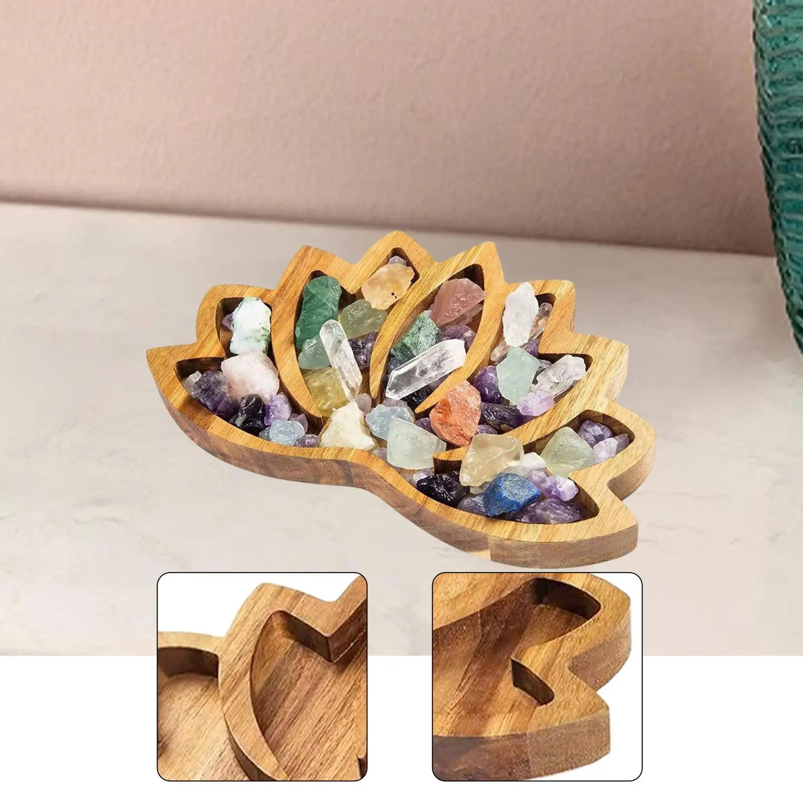Stone Display Tray Lotus Shaped Multifunctional Wooden Table Centerpiece Organizer for Rocks Jewelry Essential Oil Keys Entryway
