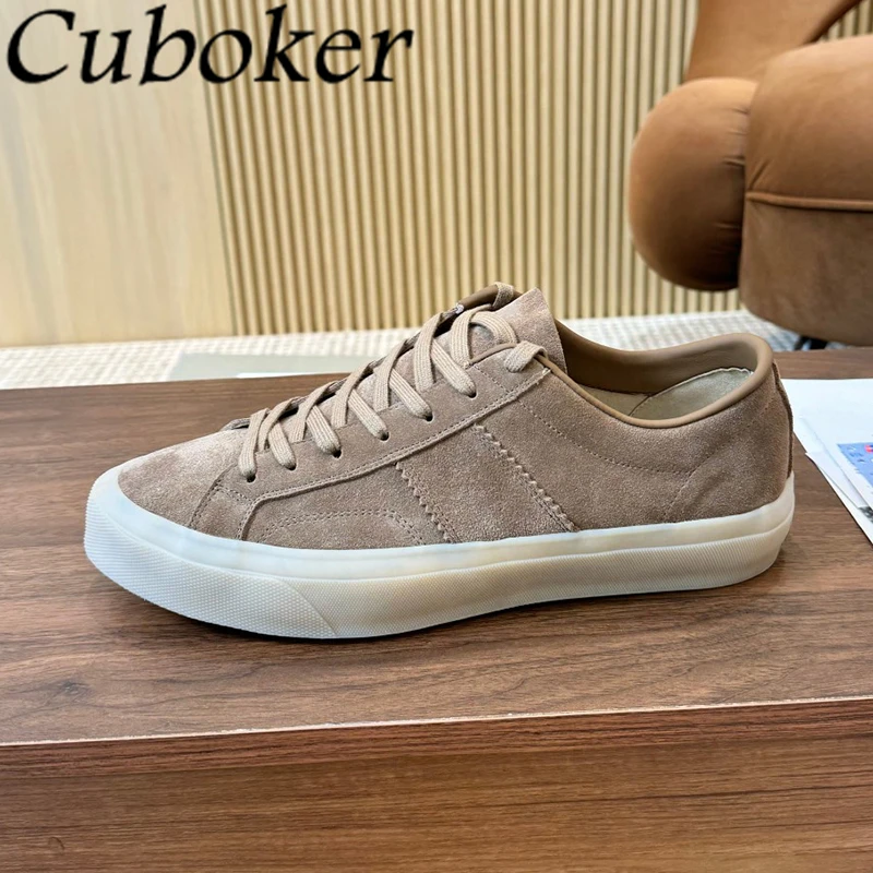 2024 Spring Suede Leather Lace Up Flat Sneakers Men Thick Sole Casual Shoes Male Outside Leisure Driving Walking Shoes Hombres