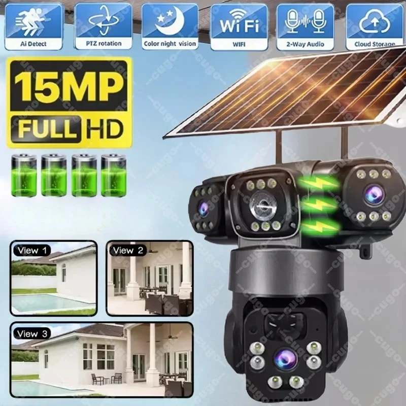 WiFi PTZ Three Camera Outdoor Wireless Solar IP Camera 15MP HD 8000Mah Built-in Battery Video Surveillance Cam Long Time Standby