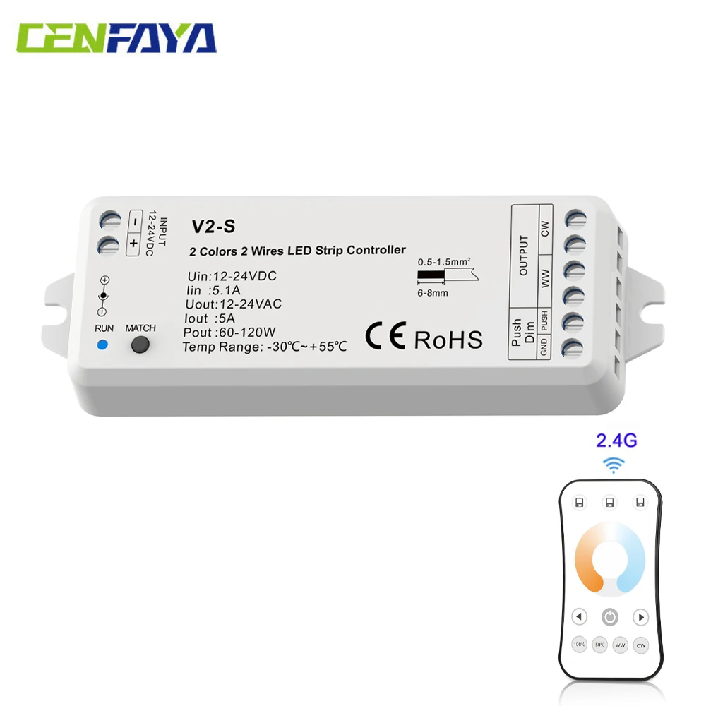 CENFAYA 2-Wires WW+CW CCT Controller  DC 12V 24V Dimmer With Push Dimming Only apply to 2 wires WW+CW LED Strip RF 2.4G Remote