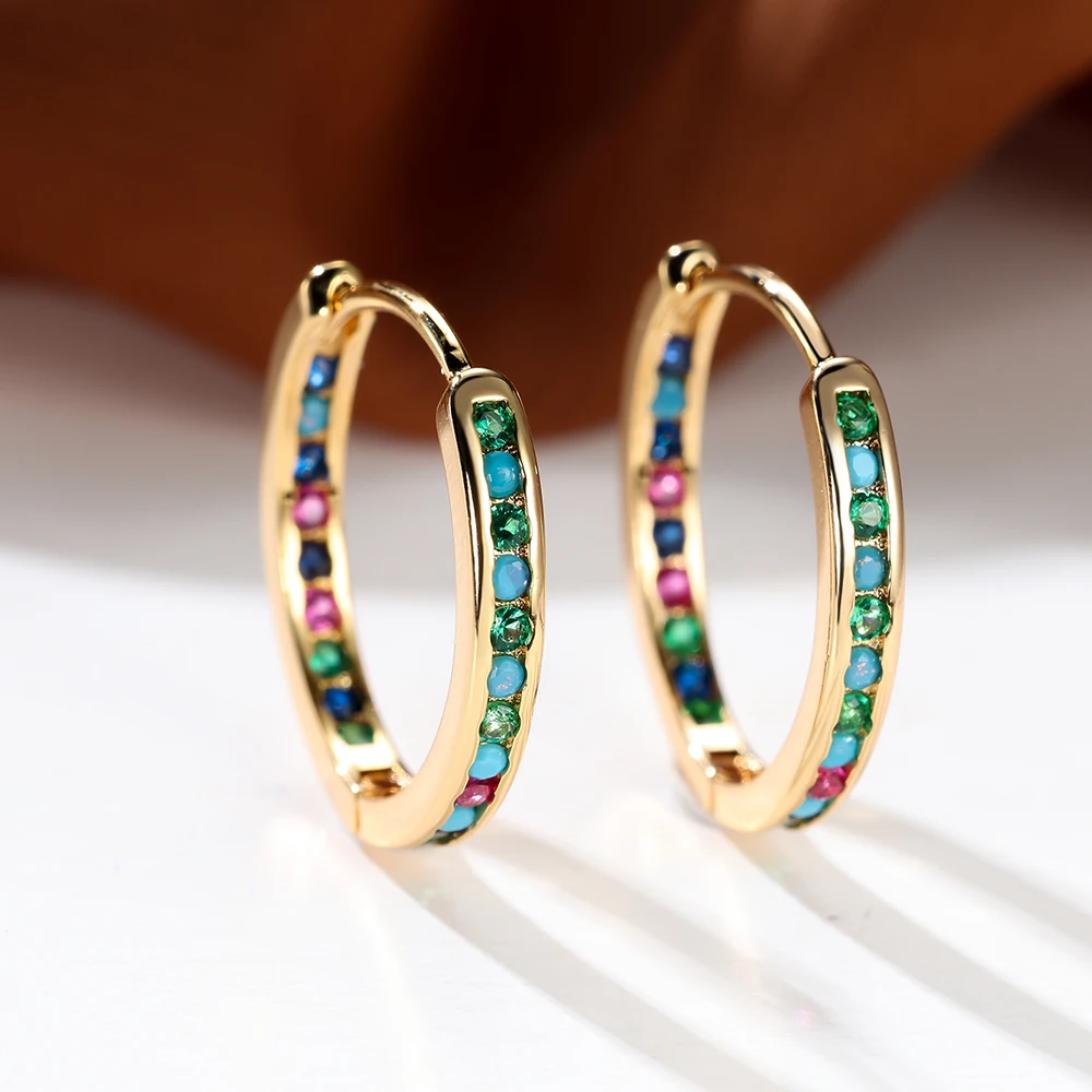 Tęczowy cyrkon kolczyk w kształcie koła Multicolor Rhinestone okrągłe kolczyki dla kobiet szampańskie złoto kolor srebrny biżuteria ślubna akcesoria